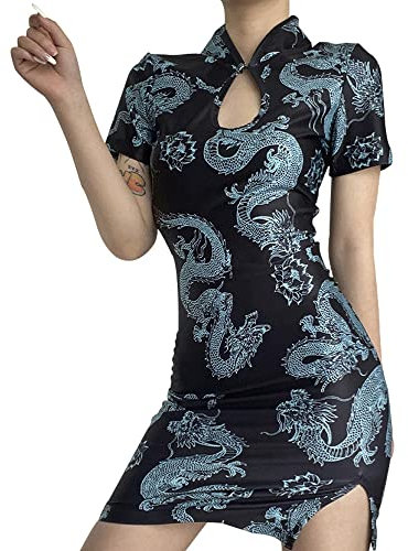 YUDATPG Chinesisches Cheongsam-Hemd, kurzärmeliges Kleid, Damen, sexy Ballkleid, traditioneller Seitenschlitz, Palast, schmale Passform, Drache, Neckholder, figurbetontes Kleid, Halloween-Kostüm, blau