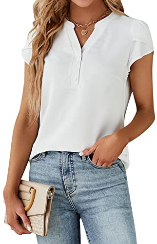 Blooming Jelly Women's Dressy Casual Tops Business Work Chiffon Blouses White Button Down Shirts 2026 Summer Cap Short Sleeve Outfit (White,Medium)