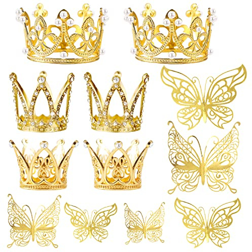 30 Mini Crown Cake Toppers - Small Gold Tiara with Butterfly Decoration for Wedding, Baby Shower, Birthday Party