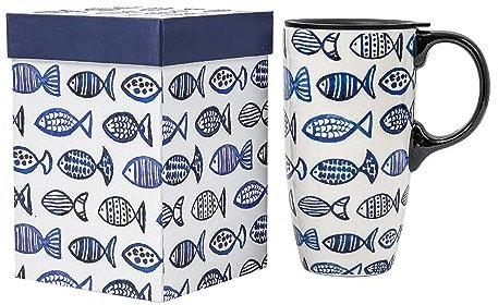 DUSVALLY Coffee Mug Coffee Ceramic Mugs Latte Tea Cup with Lid and Gift Box 17oz.Big Mug,Fishes