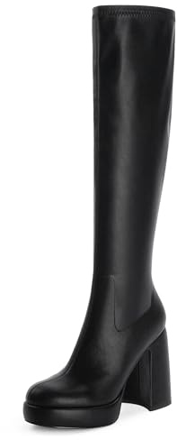 Modatope Platform Boots for Women Knee High Black Chunky Heel Womens Tall Boots Side Zipper Rounded Toe Heeled Boots for Women Size 7