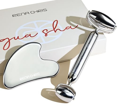 Rena Chris Gua Sha e Rullo in Acciaio Inox per il Viso, Massaggiatore Lifting e Guasha Viso, Scolpire la Mascella e Ridurre le Borse, Idea Regalo Perfetta, Bellezza e Skin Care Kit(Argento)