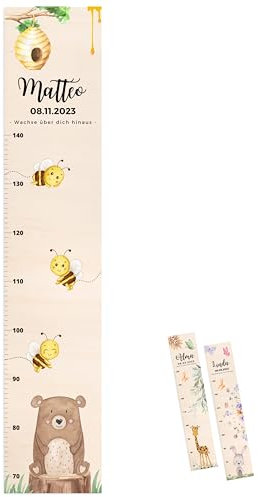 wunderwunsch® - Personalisierte Messlatte Kind Holz zum Kleben oder Aufhängen - Skala 70-140cm - Süße Dekoration für Baby- & Kleinkinderzimmer (Bär Honig)