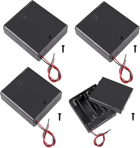 JWISLAND (Pack of 4) 4 AA Battery Holder with ON/Off Switch, 4 Slots Battery Holder with Wire Leads and Cover, 4 X 1.5V AA Battery Holder, Black
