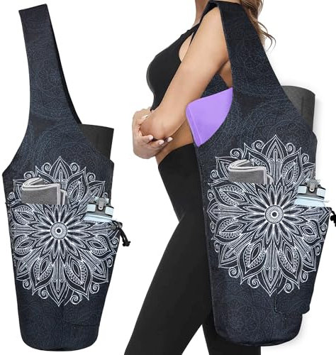 Yoga Mat Bag - Large Opening Long Tote Yoga Mat Carrier Holder Bag with Waterproof Wet Zipper Pocket and Drawstring Water Bottle Pocket - Yoga Bag Fit Most Size Mats - Mandala