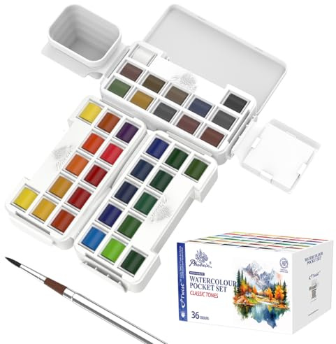 PHOENIX Twist Travel Watercolor Paint Set - 36 Colors Half Pan Palette Portable Watercolor Travel Kit with Brush, Sponge, Bottle for Adults, Artists & Professionals