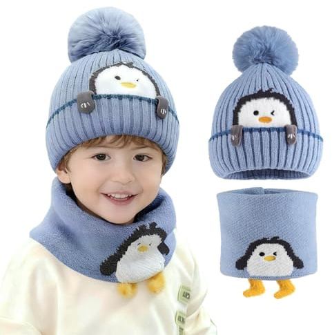HAIJIYUNTU Baby Wintermütze, Hat and Scarf Sets mit Bommel, Wintermütze Baby, Warm Verdicken Gefüttert, Mütze Babys Winter für Jungen Mädchen 1-3 Jahre