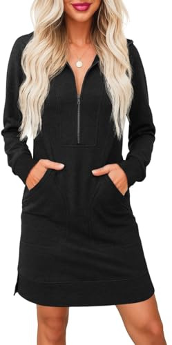 PrinStory Robe-pull pour femme UK Manches longues Demi-fermeture éclair Col en V Sweatshirt avec poches latérales, Noir , L