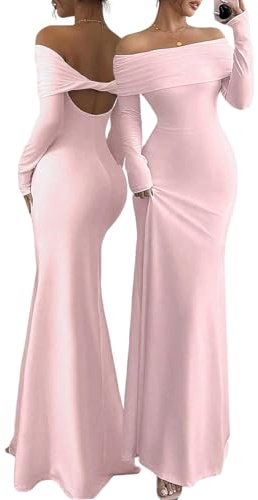 AOWVUTS Robe Longue Femme Sexy Maxi Robes sans Bretelles Dos Nu Bodycon Moulante Robes à Épaules Dénudées Manches Longues Elégant Slim Fit Robe de Soirée Cocktail Party Clubbing Cérémonie