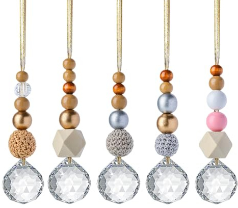 Lot de 5 attrape-soleil en cristal - Décoration de fenêtre à suspendre avec perles en bois et boule de cristal - Cristaux à suspendre - Décoration de fenêtre pour jardin, mariage