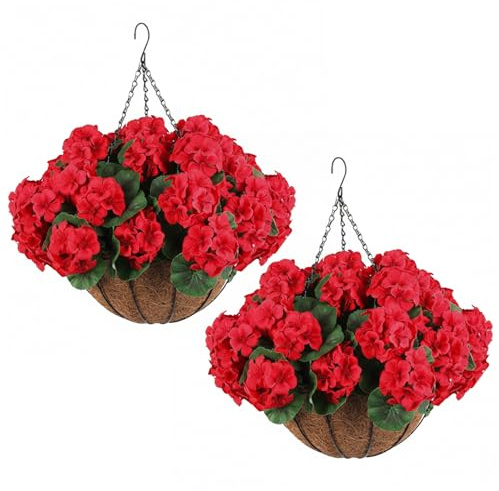 Ginwrek Konstgjorda blommor för utomhus 2-pack konstgjorda pelargon för utomhusbruk, röda pelargon blommor hängande korg med UV-skydd, realistiskt siden