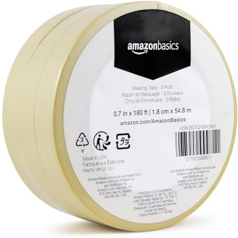 Amazon Basics Masking Tape, Pack of 3 Rolls, Beige, 0.7 inch x 180 feet
