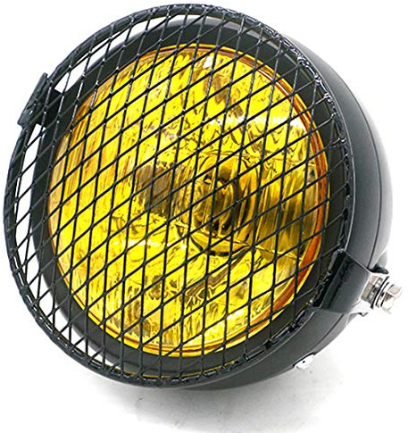 YIBO Vintage Motorcycle Headlight Cafe Racer Head Light Decorative Lights Modified Motorbiker Vintage Head Light With Grill Cover (Amber Lens+ Diamond Mesh)