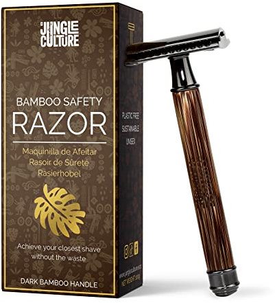Jungle Culture® Rasierhobel mit Bambusgriff für Damen & Herren • Nassrasierer Sicherheitsrasierer • Plastikfreier Rasierer für Körper & Gesicht mit eBook Rasierführer • Safety Razor (Dunkler Griff)