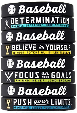 (12-pack) Baseball Bracelets with Motivational Sports Quotes - Wholesale Pack of 12 Silicone Rubber Wristbands for Bulk Baseball Team Gifts and Party Favors - Unisex for Boys Girls Men Women Motivational Bracelets