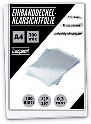 100 PREMIUM Einbanddeckel-Klarsichtfolien A4, PVC-Folie, 100-er Pack, transparent (0.30mm)