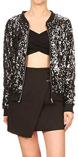 Anna-Kaci Womens Sequin Long Sleeve Front Zip Jacket with Ribbed Cuffs, Black, Medium