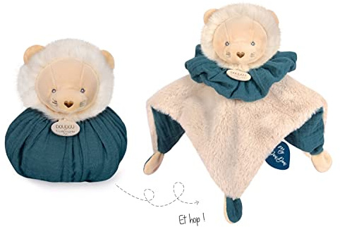 Doudou et Compagnie - Peluche Lion 3 en 1 Réversible: 1 Doudou + 1 Marionnette= 1 Petit Sac pour se Promener - 25 cm- Collection Petits Futés - Idée Cadeau Naissance - Garantie Doudou Perdu - ‎DC3931