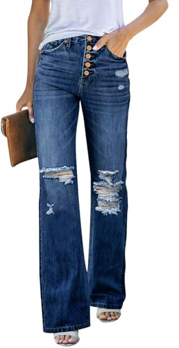 LookbookStore Wide Legged Pants for Women - Cute Ripped Jeans for Ladies - Fall Womens Clothes - Plus Size High Waisted Jeans - Dark Blue - X-Large Fits Size 16/18