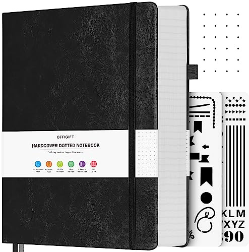 OFFIGIFT Bullet Dotted Journal, Large A4 Hardcover Leather Journal, 312 Numbered Pages Thick Journal, 100gsm No Bleed Paper Dot Grid Notebook for Women Men, 8.5'' × 11'', Black