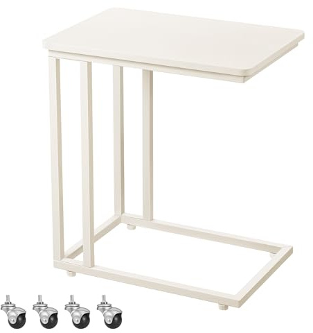 VASAGLE Tavolino da Letto con Ruote, Tavolino Mobile da Salotto, Comodino, Carrello, Soggiorno Camera da Letto, Struttura in Acciaio, Montaggio Facile, Bianco Crema LNT050W77