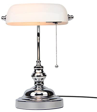 FIRVRE Weiß Glas Banker Schreibtischlampe Traditionelle Europäische Klassische Nachttischlampe Chrom Finish Basis E27 Vintage Tischleuchte für Büro Bibliothek Studierzimmer