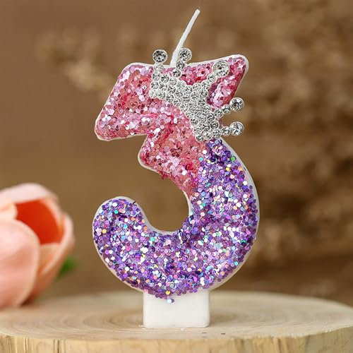 Geburtstagskerzen Zahlen 3, Krone Geburtstag Nummer Kerzen, Glitzernde Zahlenkerze Rosa Lila Zahlenkerzen Kuchenaufsatz für Geburtstag, Jubiläum.(Nummer 3)