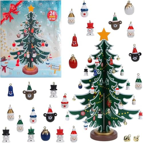 Christmas Advent Calendar 2024 - Wooden Tree with Miniature Ornaments,with A Christmas Tree and 24 Ornaments,Tabletop DIY Mini Tree for Christmas Decor Gift,Christmas (1 PCS)