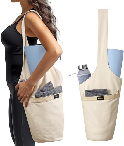 Navaris Borsa di Tela per Yoga - Pratica Sacca Porta Tappetino e Accessori Palestra - Pratica con Tasca Laterale e Interna con Chiusura Zip - Tracolla Beige