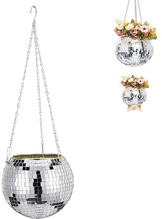 Generisch Mirror Ball Hanging Planter, Hanging Disco Ball Hanging Basket with Chain and Hooks,for Indoor Ceiling, Wall Decoration,Plant Protection for Indoor and Outdoor Use (S)