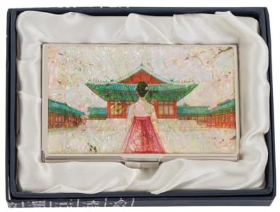 February Mountain Porte-cartes de visite en nacre - Motif femme coréenne Hanbok | Élégant étui à cartes fin pour femme, voyage, bureau, anniversaire, cadeau culturel, palais fleuri, palais, Palace