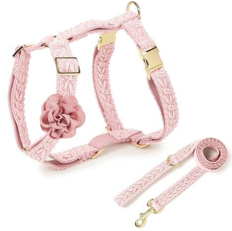 UOSIA Large Dog Harness and Leash Set, Adjustable No Pull Pet Halter Harness with Flower & Metal Buckle, Easy Control for Training Walking, Pink,M
