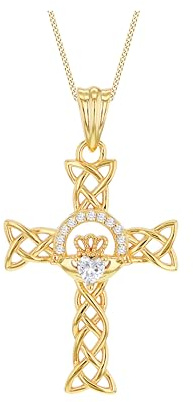 Tuscany Silver Collar de Mujer en Plata de Ley con Colgante de Cruz Claddagh Celta con Circonita, Baño de Oro y Cadena Panza de 46 cm