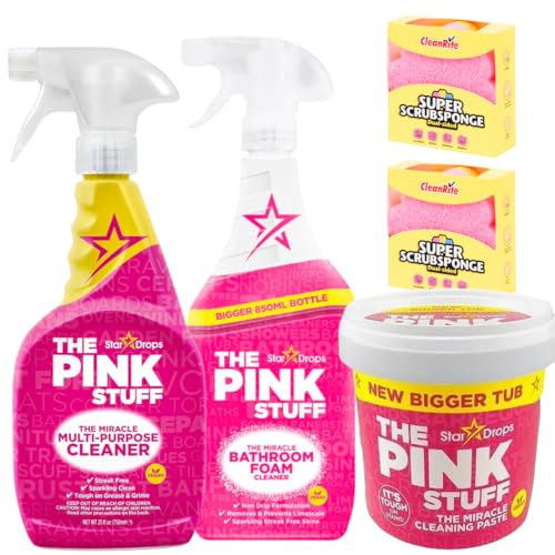 The Pink Stuff Set de Limpieza para Hogar, Pasta milagrosa Limpiadora the pink stuff de 850g, Limpiador Multisuperficie 850ml, Limpiador de Baño 850ml, 2 Estropajos