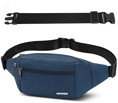 GERIINEER Sac Banane Homme Femme Ville De Sécurité pour Voyage Ou Outdoor Sport, Sacoche Banane de Sport Ceinture de Course avec Ceinture allongée de 30 cm (Bleu foncé)