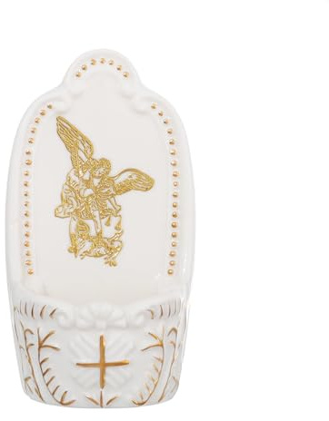 KOMI Porcelain Holy Water Font for Home Catholic Wall Decor St Michael Holy Water Holder for Church Altar Tabletop Home Housewarming Catholic Christmas Gifts