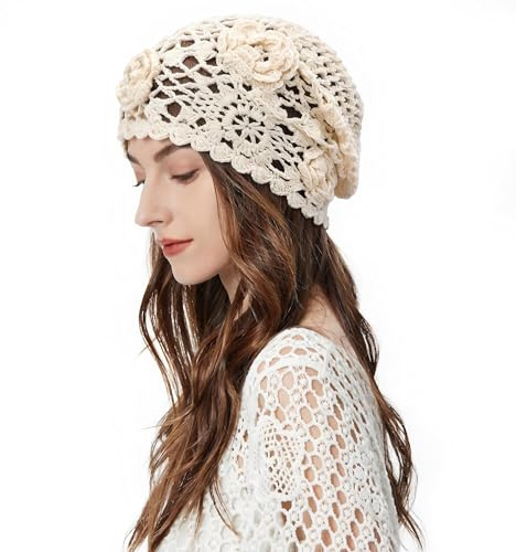 ZLYC Bonnet en coton tricoté à la main pour femme Motif tête de mort, Blanc crème uni, Taille unique