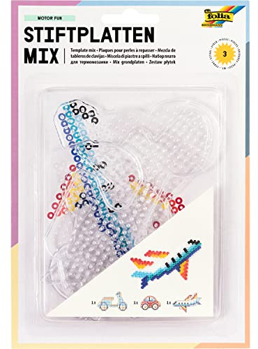 folia 73213 Ironing Beads Pin Plate Set Vehicles, 3 Transparent Pegboards for Ironing Beads with a Diameter of 5 mm, Plane, Scooter and Car