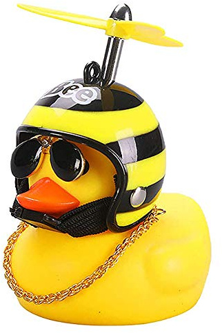 Tbrand Bocina de bicicleta, adorno de pato de goma amarillo para coche con casco de hélice, bocinas de bicicleta de pato para apretar