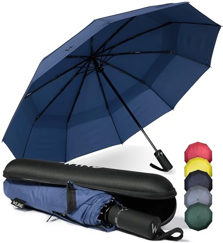 WLine Wind Ombrello Pieghevole Antivento da Pioggia con 10 Aste Rinforzate e Tela Idrorepellente 210T - Ombrello Portatile Resistente Apri e Chiudi Automatico, Diametro 104cm (Blu con Custodia)