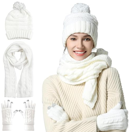 OROOTL Set invernale con sciarpa e cappello da donna, berretto lungo, sciarpa e guanti touchscreen, caldo 3 in 1, per donne e ragazze, Biancaneve, Etichettalia unica