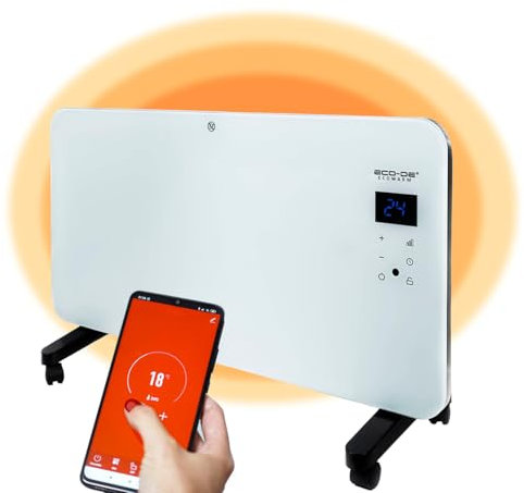 ECODE® Radiador electrico 1000W de Cristal | Silencioso y Programable | Control por Wifi | Uso con Ruedas, Patas o Pared | Temporizador | 2 Potencias | Apto para Baños (IP24) | Pantalla Táctil