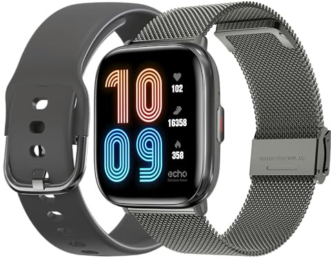 Echo Rainbow Nano - Montre Connectée Homme AMOLED 1.83'' Gris - Appel Bluetooth/sans Fil & Capteurs Santé - Modes Sport avec Coach - 2 Bracelets Métal & Gomme - Mini, légère & étanche - Android/iOS