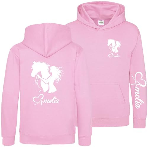 Personalised Equestrian Girls Hoodie Horse Rider Horses Riding Custom Sleeve Back Print Kids Hooded Top, 3-4 Years, Light Pink