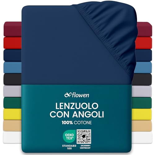 Flowen Sábana Bajera Ajustable Jersey 90x190cm 100% Algodón 150g/m² | Bajera Elástica Goma Perimetral Bolsillo Profundo 30cm | Oeko-Tex Certificada Suave Transpirable Antiarrugas (Azul Oscuro)