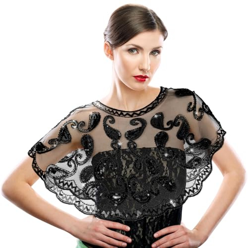 GADITIEK Estola de mujer de lentejuelas y chal, bolero y chal para vestidos de noche y de boda, chal de los años 20 mujer Gatsby, elegante capa dulce cárdigan vintage 1920's estola, Negro , Talla