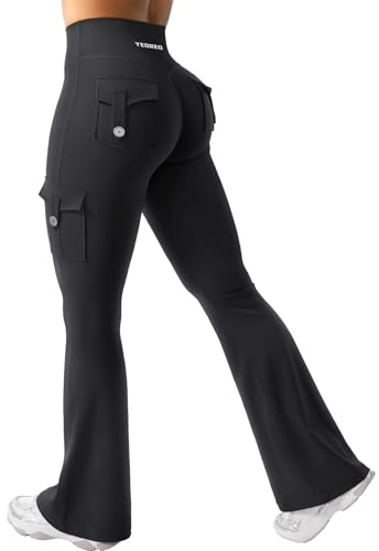 YEOREO CoreFlex Leggings Flare da donna con 4 tasche, Invisible Scrunch Butt Sport Leggings a vita alta, senza cuciture, push up, opachi, yoga, palestra, leggings, Nero , S