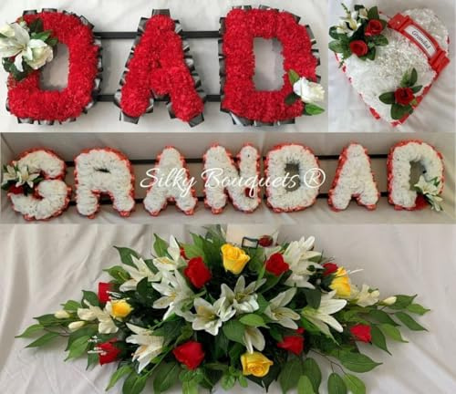 Silky Bouquets Dad Grandad Heart & Large Spray Silk Funeral Flower Package – Personalized 7 & 3 Letter Memorial Flowers, 36 Spray & 14 Heart | Custom Silk Funeral Flowers for Graves & Funerals
