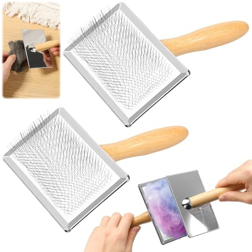 VAVPUP 2 stycken ullkardier, kardieringsborste med bambuhandtag, manuell kardieringsmaskin för nålfilt, ullkarder, mångsidigt verktyg för fiber, katter, hundar, nålfiltning (2 st, protokollfärg)