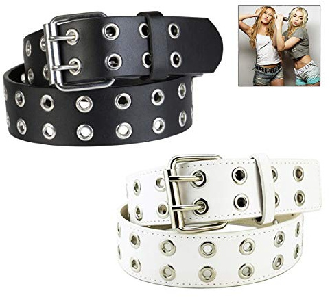 XLKJ Ceinture à Clous et Double Boucle Gothique en Cuir pour Femme - Jeans, Pantalons, M, Blanc Noir